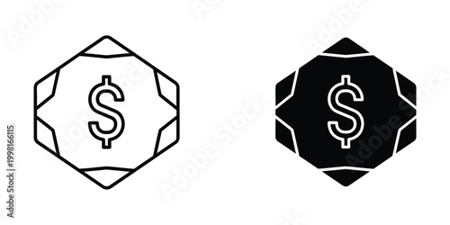 Set of two black and white dollar sign icons in hexagon shapes for finance and money concepts