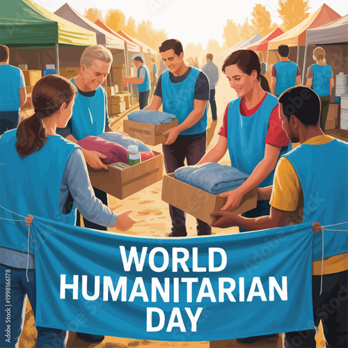 Volunteers distribute aid boxes under Humanitarian Day banner