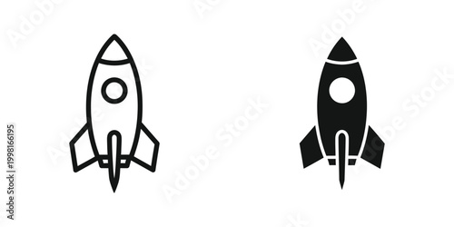 Black and white rocket ship icons for space travel and startup business growth concepts