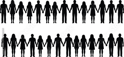 Community silhouette vector set, black white people holding hands clipart, unity cooperation illustration artwork, social connection design bundle