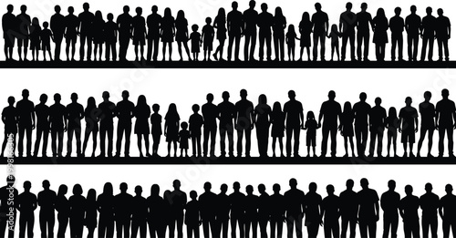 Community silhouette vector set, black white clipart of adults children groups, unity diversity illustration artwork, social population design bundle