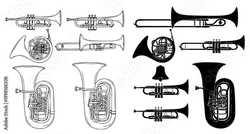 Assortment of brass and silver wind instruments including trumpets horns and tubas vector