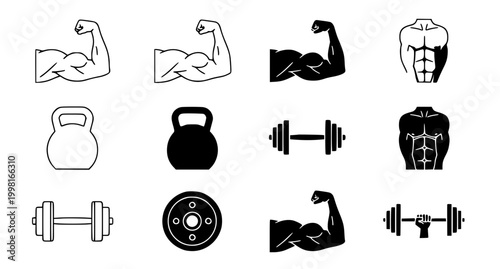 Fitness and gym equipment icons with muscular arms and abs illustration vector