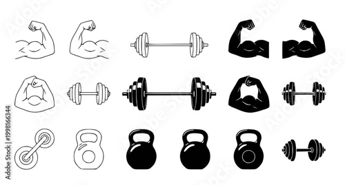 Fitness icons set with muscular arms dumbbells and kettlebells vector illustration