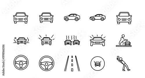 Automotive icons set cars repairs and driving related line art