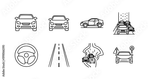Driving and automotive icons set a collection of transportation line art