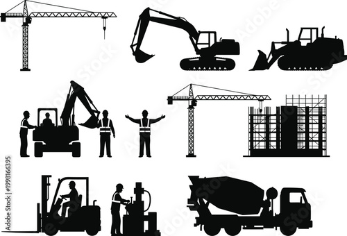 Construction machinery silhouettes, worker and vehicle icons, building site vector set, industrial equipment clipart, engineering illustration grid