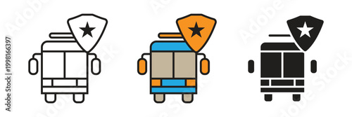 Bus with Shield and Star Vector Icon. Bus icon combined with a shield and star, symbolizing protected transit, high-quality public transport, safe travel standards, and premium transportation.