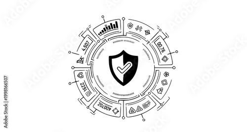 Cybersecurity shield with data and network elements digital protection concept