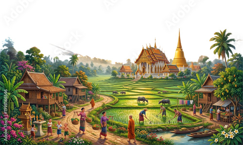 Beautiful Village Life with Rice Fields and Traditional Temples