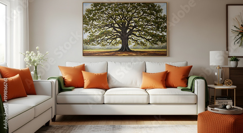 Modern living room with white sofa and orange pillows