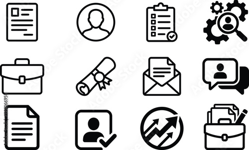 Business management and office icons set with resume profile analytics workflow symbols outline vector collection isolated on light background