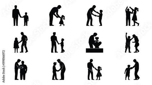 Set of twelve black silhouette icons representing father's day showcasing diverse father and child interactions parenting moments and loving family bonds for design projects