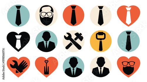 Set of rounded silhouette icons representing fathers and relationships with tools and hearts