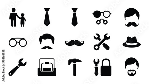 Collection of father's day icons silhouette of father and son ties mustaches glasses hats tools toolbox and padlock celebrating parenthood and family bonds with simple vector