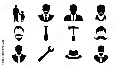 Collection of father's day themed black silhouette icons including stylish men with beards and ties a father holding his child's hand a tie a wrench a hammer and a fedora hat