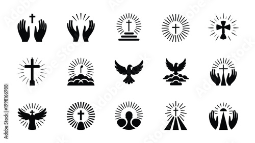 Collection of christian faith symbols featuring hands praying crosses radiating light and doves in flight representing spirituality belief and divine grace isolated on white