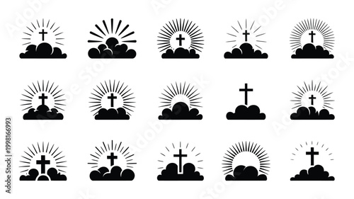 Collection of ascension day themed silhouette icons featuring crosses emerging from clouds with radiant sunbursts and light rays symbolizing spiritual ascent and divine light