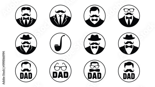 Collection of father's day themed circular icons featuring mustachioed gentlemen in suits hats bow ties ties and glasses with some displaying the word 'dad' in bold typography