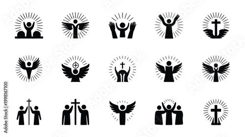 Collection of christian ascension day vector icons and symbols representing worship faith divine light angels and religious celebration perfect for spiritual and holiday designs