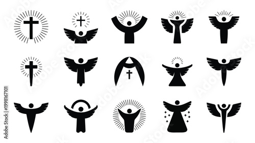 Collection of abstract christian ascension symbols featuring crosses angels and figures with raised arms representing faith spirituality and divine connection on a clean white