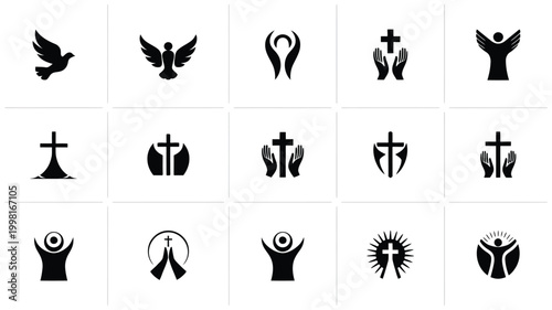 Diverse collection of minimalist christian religious symbols and icons featuring crosses doves praying hands and figures with raised arms on a clean white background