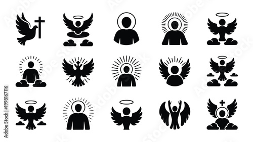 Collection of 12 minimalist black silhouette icons representing religious symbols angels and spiritual figures with halo and wings isolated on white background for graphic design