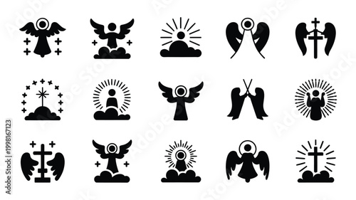 Collection of diverse black silhouette icons representing angels and religious symbols like crosses and halos set against a clean white background symbolizing faith hope
