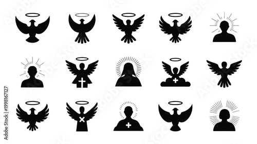 Collection of 15 minimalist black silhouette icons featuring angels sacred symbols and divine beings with halos and radiant light perfect for spiritual and religious design