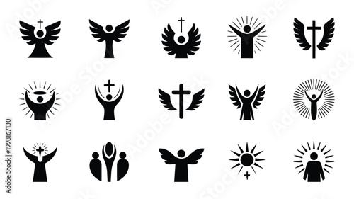 Collection of ascension day religious symbols and icons featuring angels crosses and figures with radiant light illustrating faith spirituality and divine presence perfect