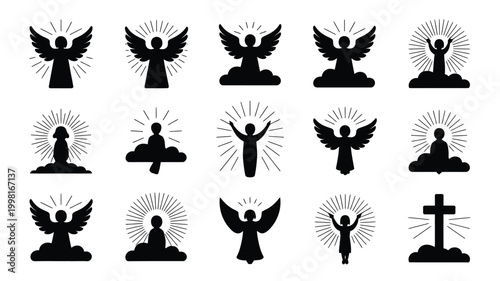 Collection of angelic silhouettes with radiant halos and wings representing faith spirituality and divine presence isolated on white background