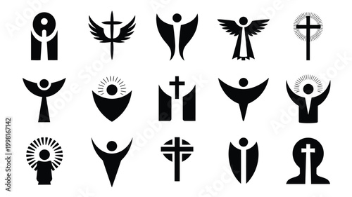 Collection of diverse ascension day and religious christian symbols featuring angels crosses and figures in silhouette representing faith spirituality and divine ascension