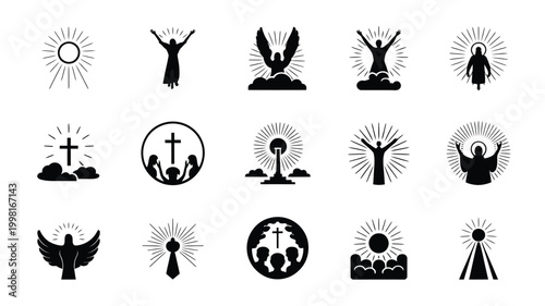 Collection of ascension day icons featuring religious symbols human figures with raised arms angels with wings and sunbursts representing faith spirituality and divine connection