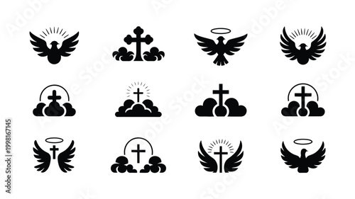 Collection of 12 minimalist ascension icons featuring christian crosses holy spirit doves with halos and rays and clouds representing faith spirituality and religious concepts