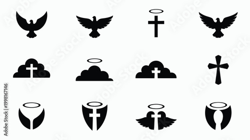 Collection of sacred symbols and religious icons representing faith spirituality and divine grace featuring doves crosses and halos in a clean vector design for spiritual