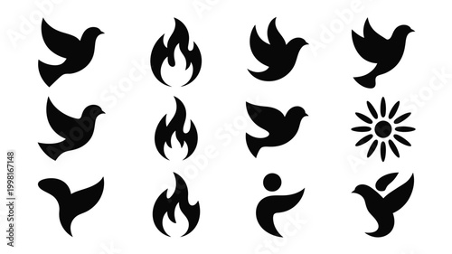 Minimalist black silhouette icon set featuring flying doves burning flames radiant sun and abstract human figures for modern graphic design and digital branding projects