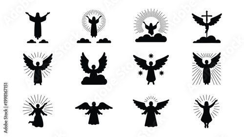 Collection of diverse black silhouette icons depicting angelic figures with outstretched arms wings spread and radiating halos symbolizing spirituality faith and divine presence