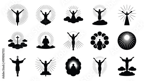 Collection of ascension day icons in silhouette symbolizing spiritual elevation and divine connection with radiating light bursts set against a clean white background