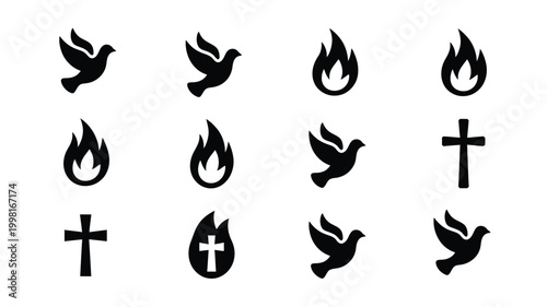 Vector icons featuring doves flames and crosses on white background for design and symbolism