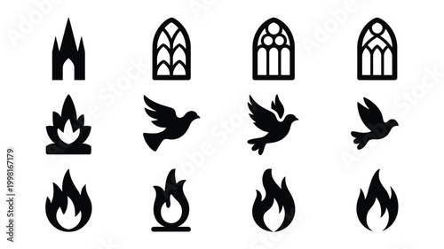 Minimalist silhouette icons of church windows flames and doves on white background for design and symbolism