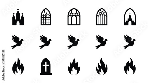 Minimalist religious vector icon collection featuring church architecture flying doves for peace sacred flames and gravestones in a clean flat black design style
