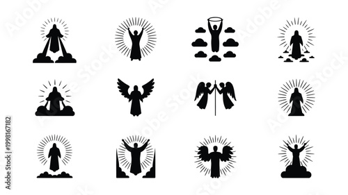 Collection of 12 black silhouette icons representing divine beings angels and spiritual figures in various poses with radiant halos and cloud elements isolated on white background