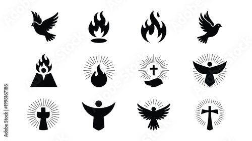 Collection of twelve minimalist vector icons representing spiritual and religious symbols including doves flames crosses and abstract human figures set against a clean white