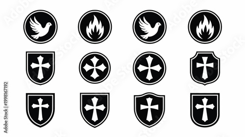 Collection of twelve white monday symbols with crosses and doves on black background