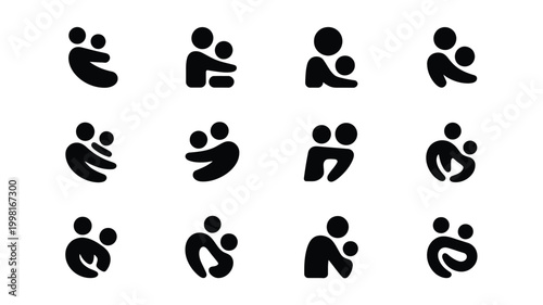 Collection of 12 minimalist abstract black icons representing family parental care and love set against a clean white background symbolizing connection and togetherness