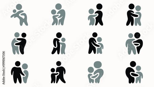 Collection of diverse abstract graphic icons symbolizing family connection support and care presented in a clean modern minimalist style with a neutral color palette and clear
