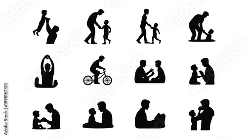 Diverse silhouettes depicting father child bonding moments play learning sports and everyday activities vector graphics for concept and lifestyle designs