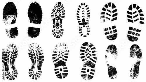 Black silhouette footprints collection on white background
