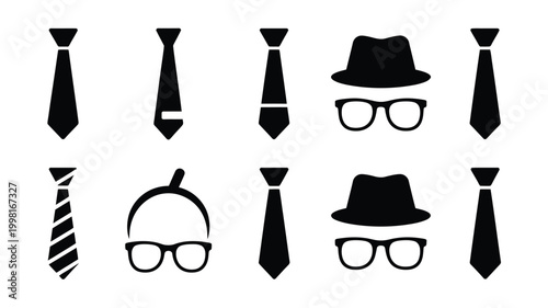 Minimalist black silhouette icons representing fatherhood and masculinity ties hats and glasses for father's day or men's style concepts on a clean white background