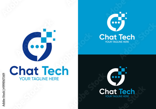 Communication technology vector logo design, technology chat logo with chat bubble design concept with vector technology digital pixel.